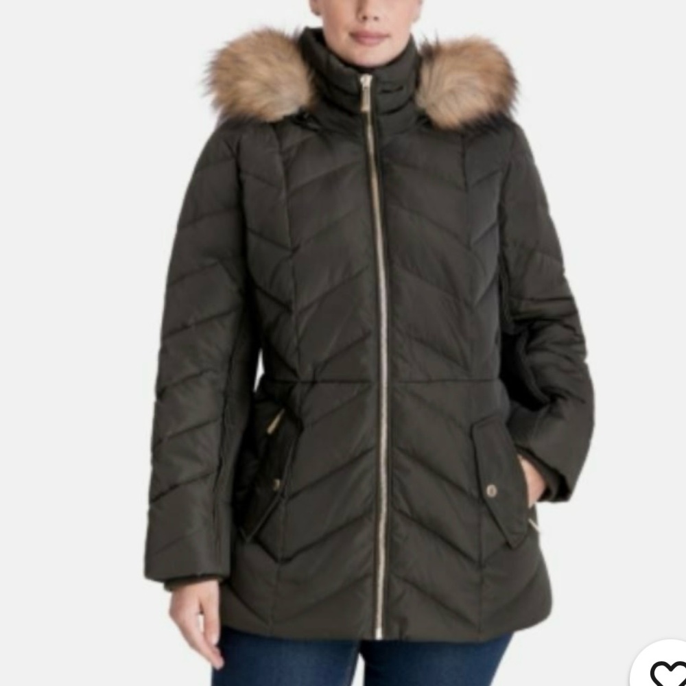 Macy’s Michael Michael Kors Green Puffer Jacket with Removable Fur Hood
